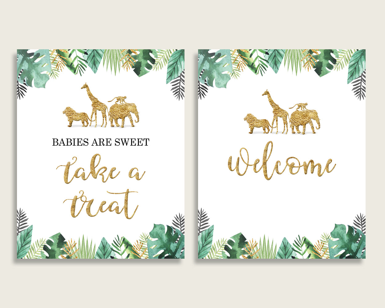 Jungle Baby Shower Gender Neutral Table Signs Printable, Gold Green Party Table Decor, Favors, Food, Drink, Treat, Guest Book, Instant EJRED
