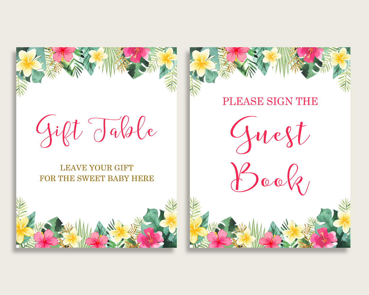 Hawaiian Baby Shower Girl Table Signs Printable, Pink Green Party Table Decor, Favors, Food, Drink, Treat, Guest Book, Instant 955MG