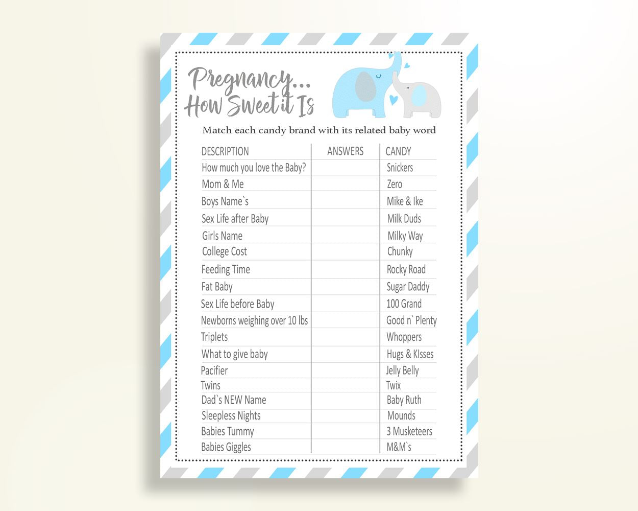 Candy Bar Game Baby Shower Candy Bar Game Elephant Baby Shower Candy Bar Game Blue Gray Baby Shower Elephant Candy Bar Game pdf jpg C0U64 - Digital Product