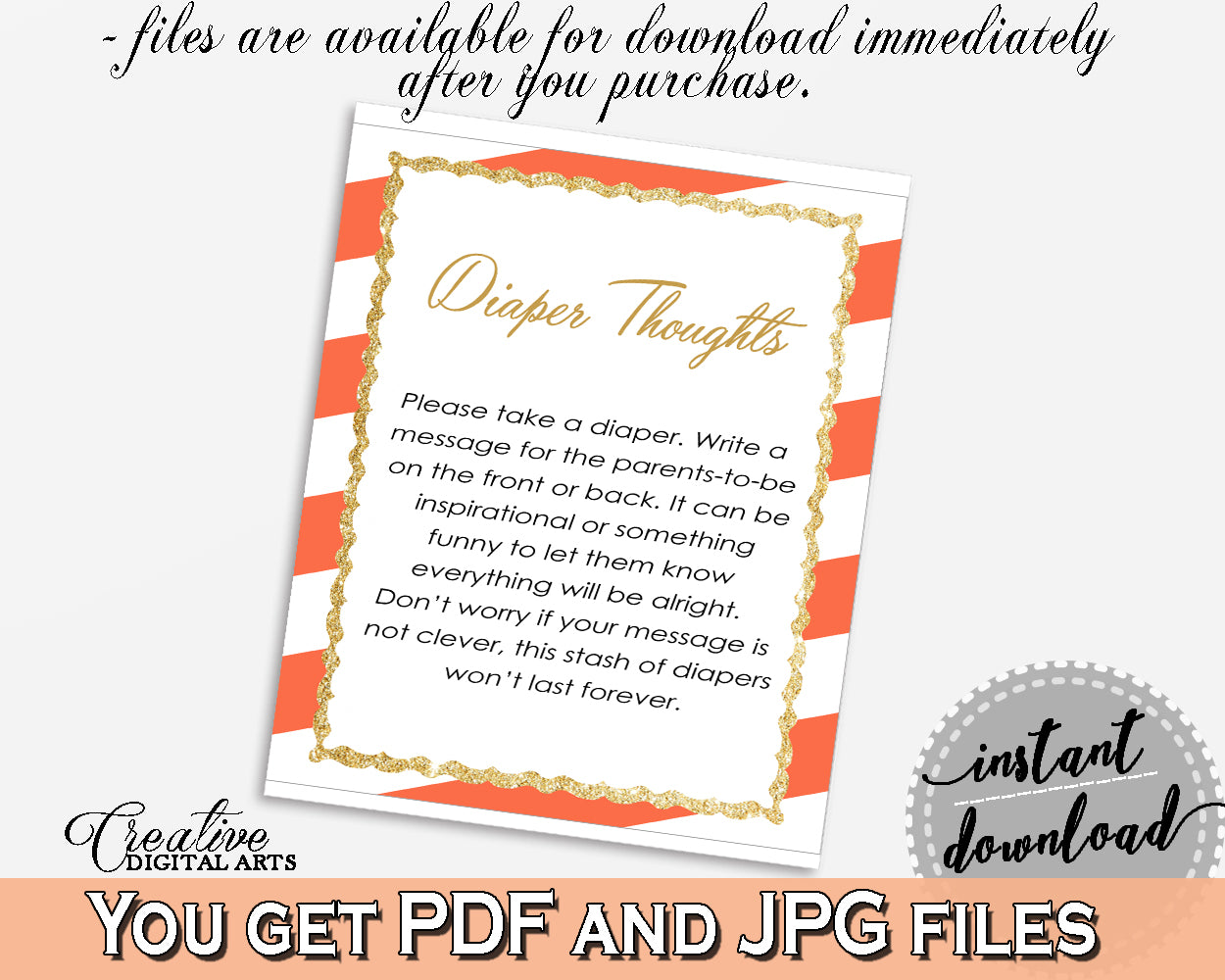 Baby shower DIAPER THOUGHTS game with orange strips theme printable, glitter gold, digital file jpg pdf, instant download - bs003