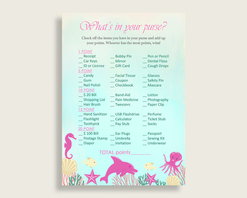 Under The Sea What's In Your Purse Game Printable, Pink Green Whats In Your Purse, Girl Baby Shower Purse Game, Instant Download, uts01