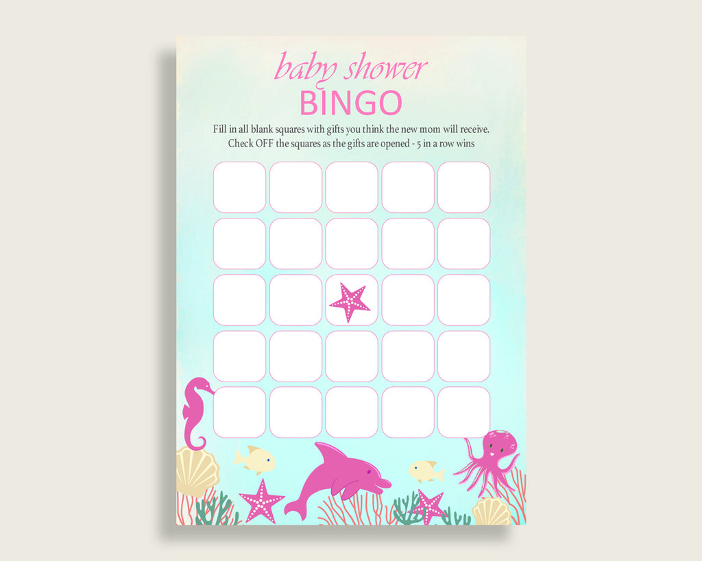 Pink Green Baby Shower Bingo Blank Game Printable, Under The Sea Baby Shower Girl Bingo Blank Cards, Bingo Gift Opening Game, Popular uts01