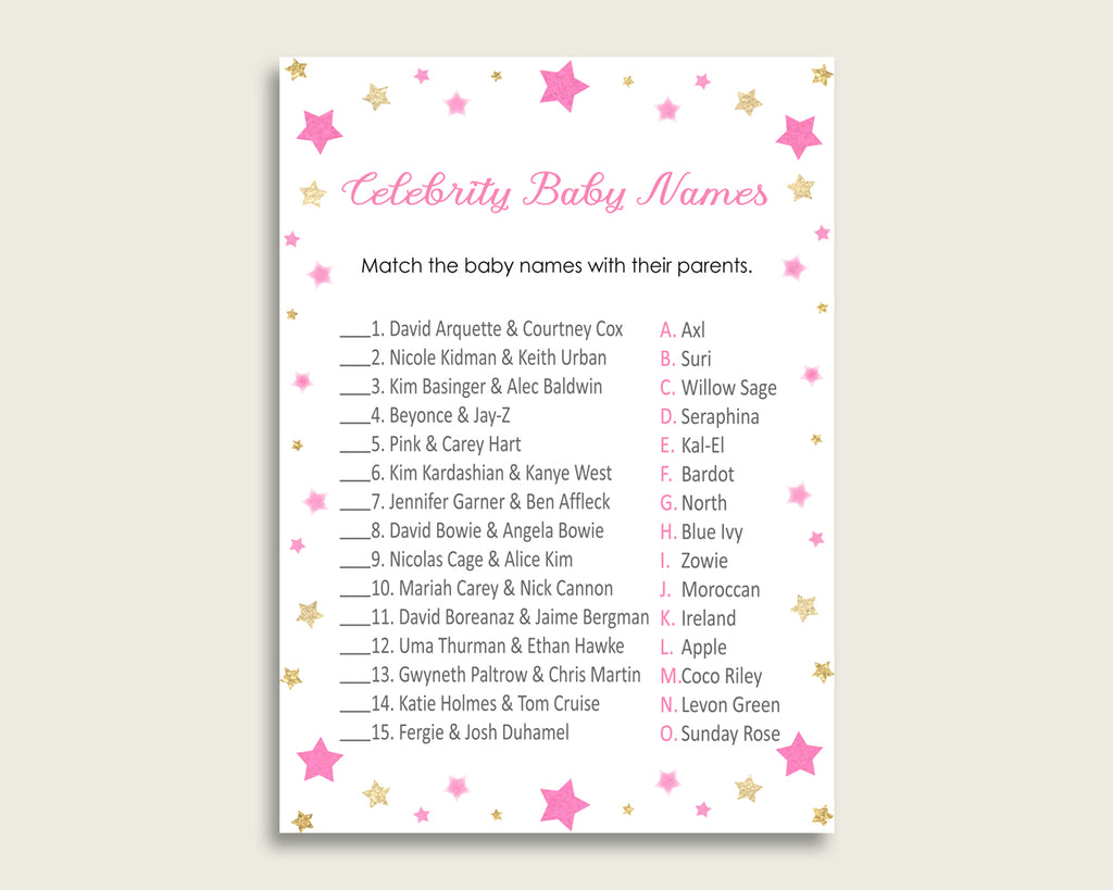 Pink Gold Celebrity Baby Names, Twinkle Star Baby Shower Girl Name Game Printable, Celebrity Match Game, Famous Babies Game, Celebrity bsg01