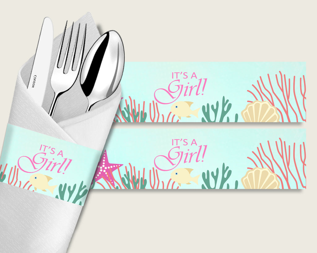 Under The Sea Baby Shower Napkin Rings Printable, Pink Green Napkin Wrappers, Girl Shower Utensils Wrap, Instant Download, Popular uts01