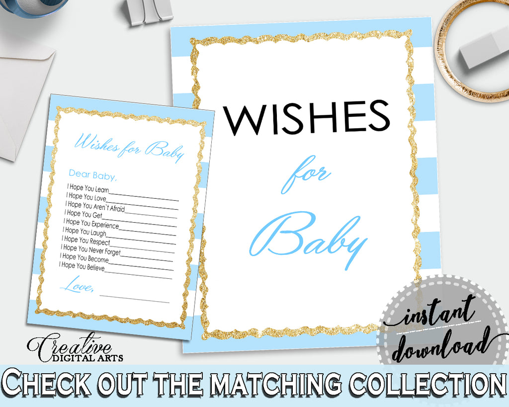 WISHES FOR BABY activity advice for baby shower with blue stripes theme printable, glitter gold, Jpg Pdf, instant download - bs002
