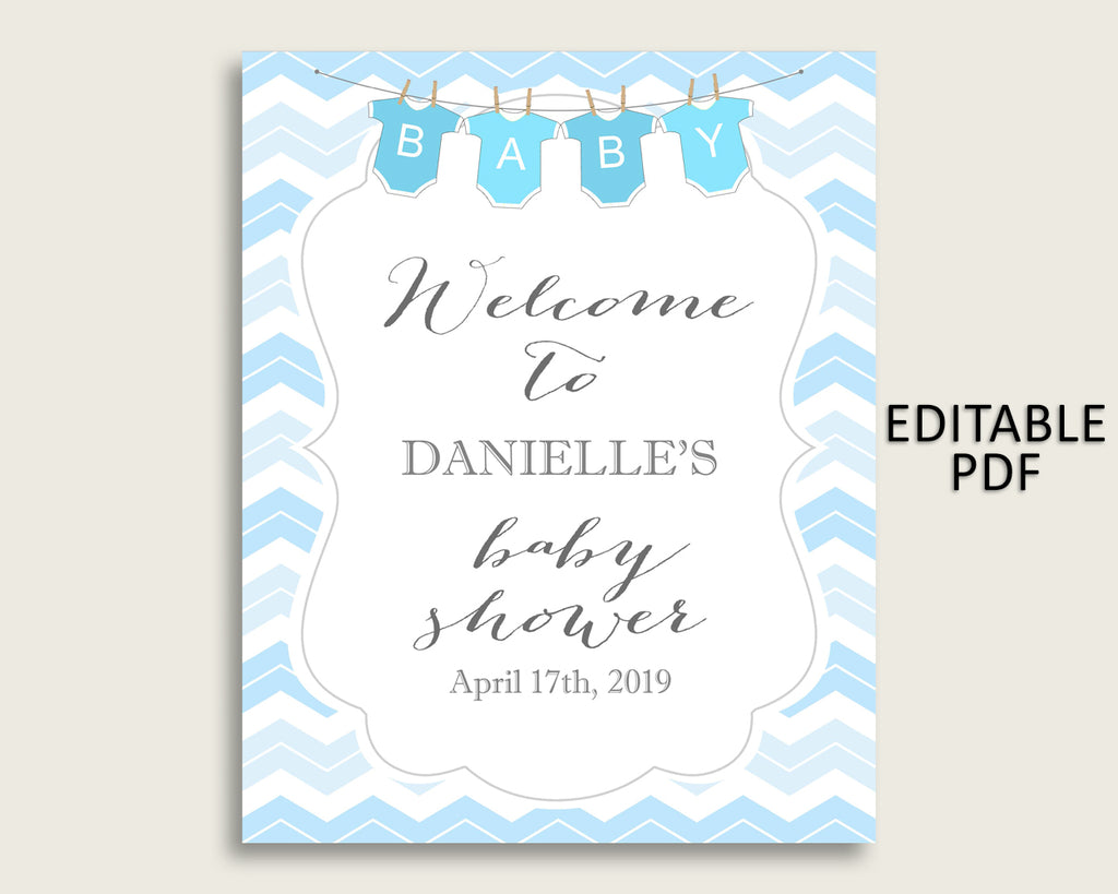 Blue White Chevron Baby Shower Welcome Sign Printable, Party Large Sign, Editable Welcome Sign Boy, Yard Sign, Instant Download, cbl01