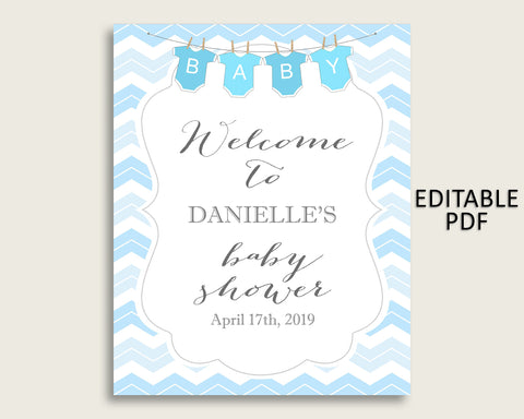 Blue White Chevron Baby Shower Welcome Sign Printable, Party Large Sign, Editable Welcome Sign Boy, Yard Sign, Instant Download, cbl01