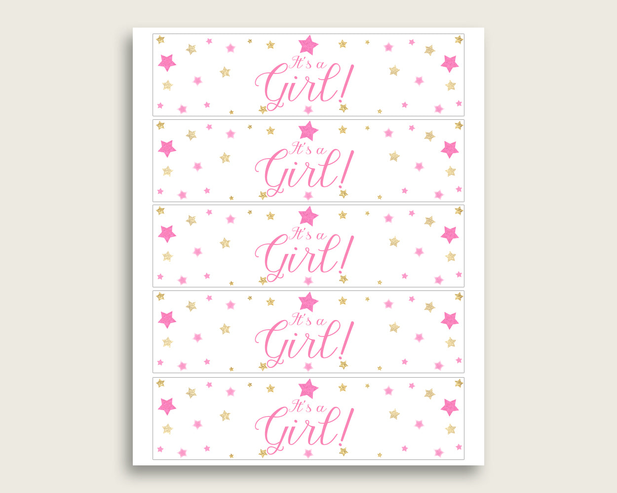 Pink Gold Water Bottle Labels Printable, Twinkle Star Water Bottle Wraps, Twinkle Star Baby Shower Girl Bottle Wrappers, Instant bsg01