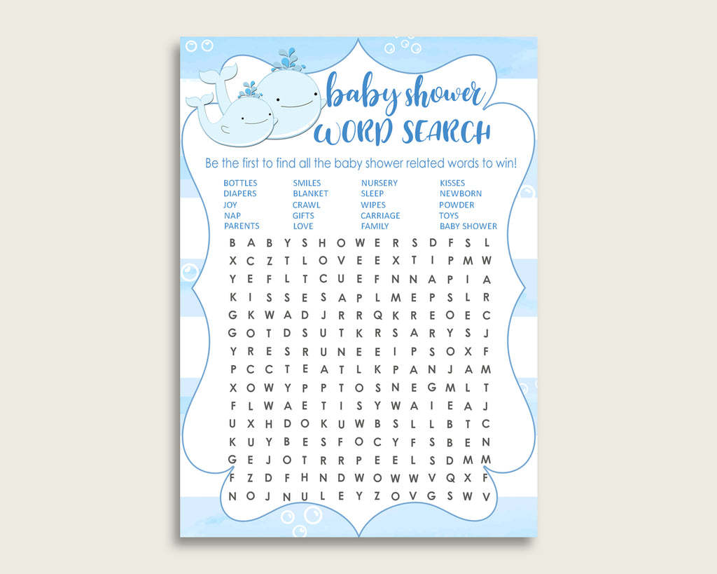 Whale Word Search Game, Blue White Baby Shower Word Search Cards Printable, Boy Baby Shower Activities, Hidden Words, Instant wbl01