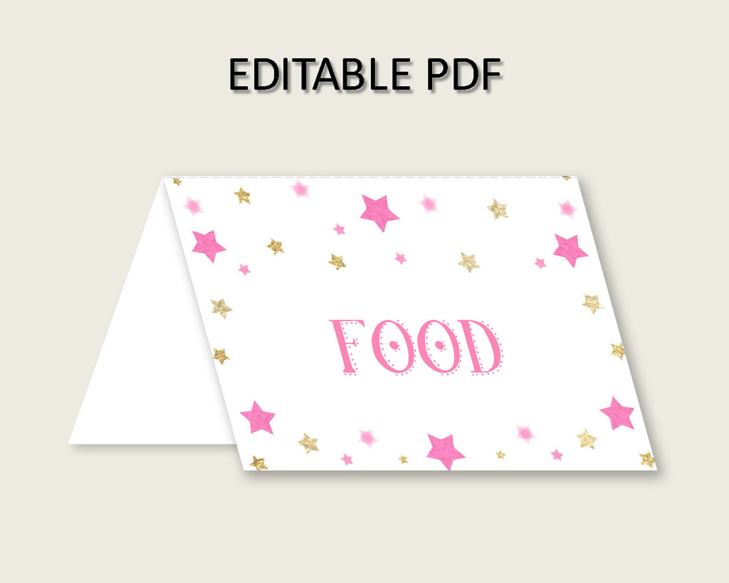 Twinkle Star Folded Food Tent Cards Printable, Pink Gold Editable Pdf Buffet Labels, Girl Baby Shower Food Place Cards, Instant bsg01