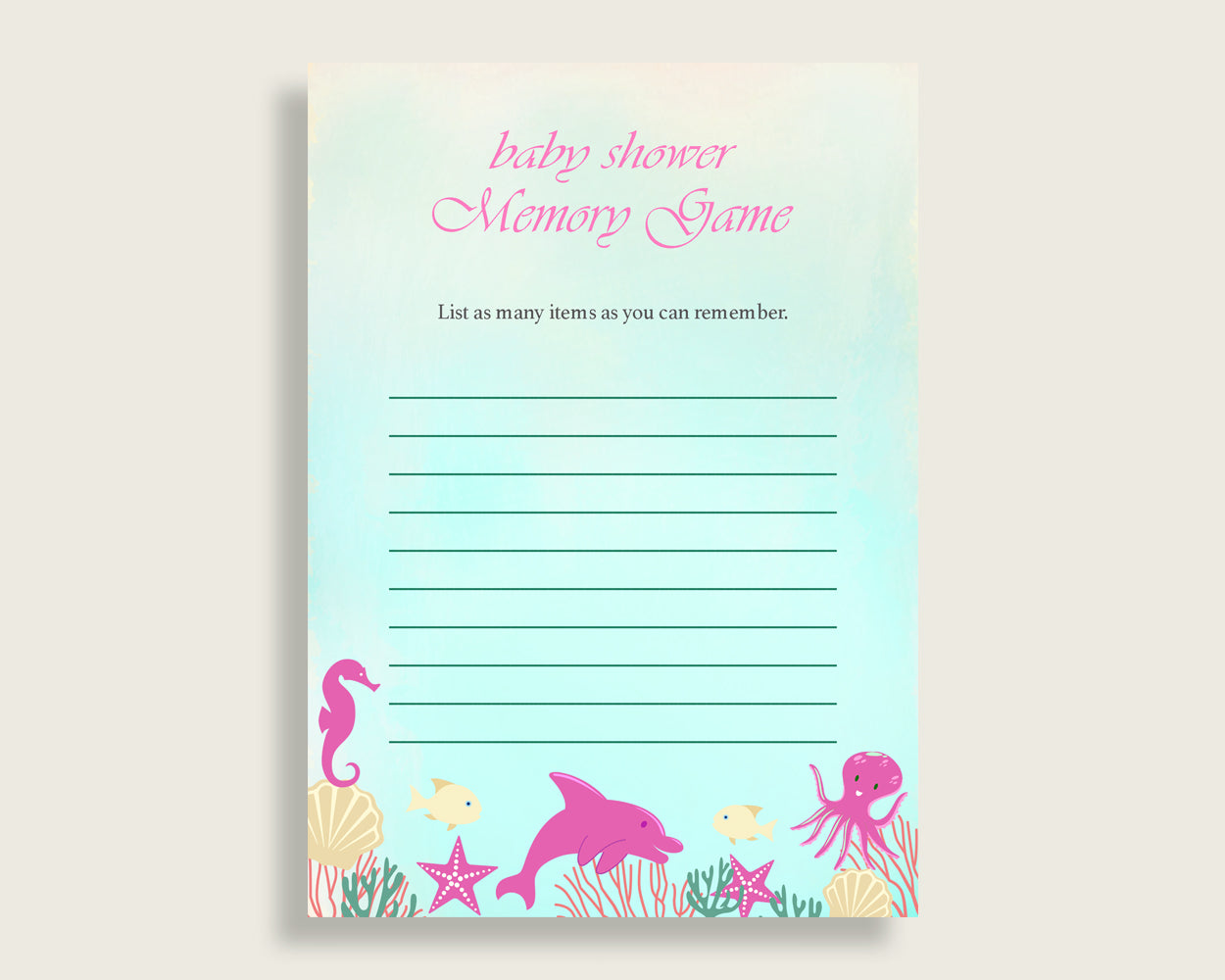 Under The Sea Baby Shower Memory Game, Pink Green Memory Guessing Game Printable, Baby Shower Girl, Instant Download, Sea Creatures uts01