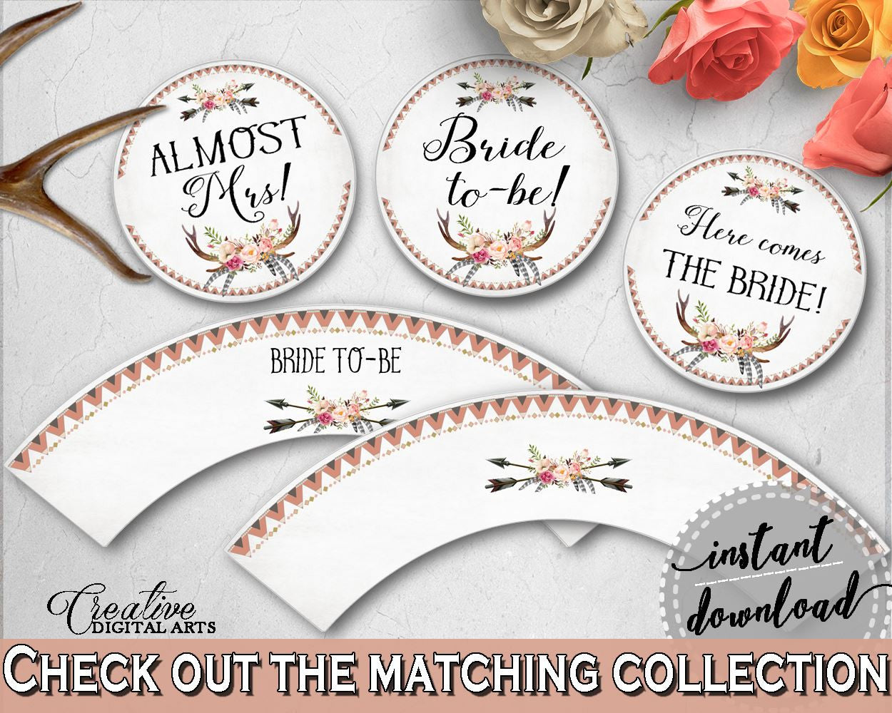Cupcake Toppers And Wrappers in Antlers Flowers Bohemian Bridal Shower Gray and Pink Theme, almost mrs, party plan, party planning - MVR4R - Digital Product