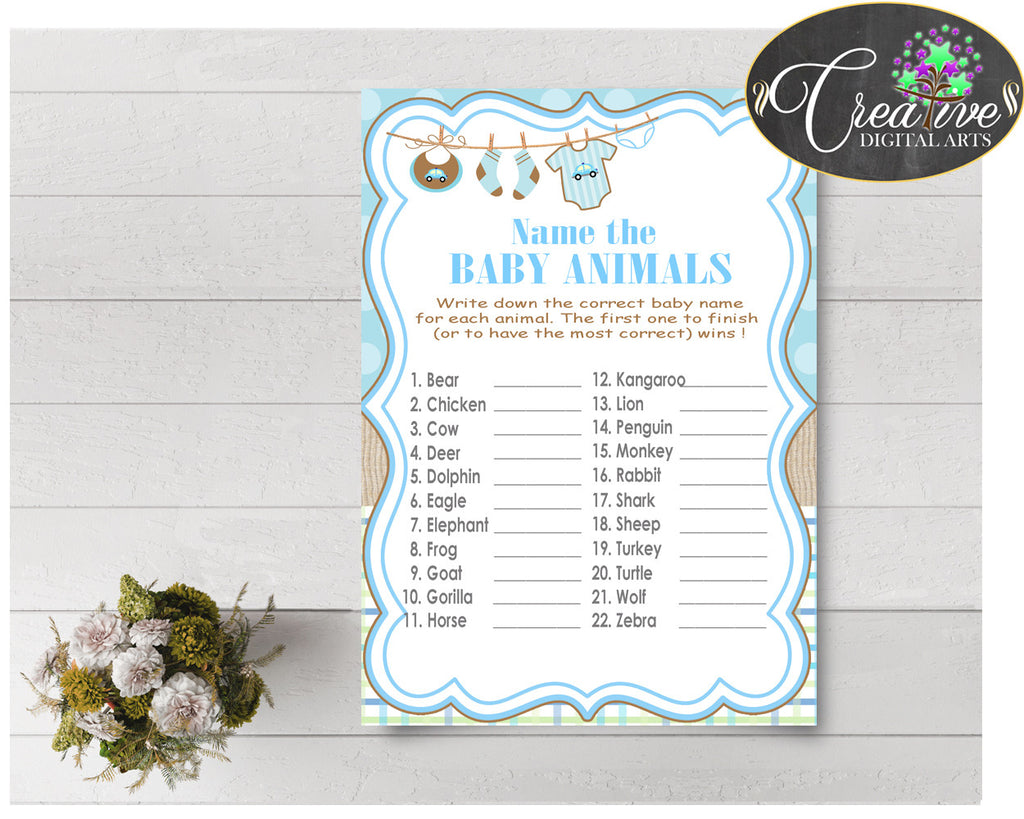 NAME The BABY ANIMALS baby shower game with boy clothes and blue color theme printable, Jpg Pdf, instant download - bc001