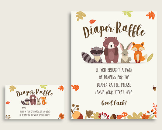 Woodland Baby Shower Diaper Raffle Tickets Game, Gender Neutral Brown Beige Diaper Raffle Card Insert and Sign Printable, Instant w0001