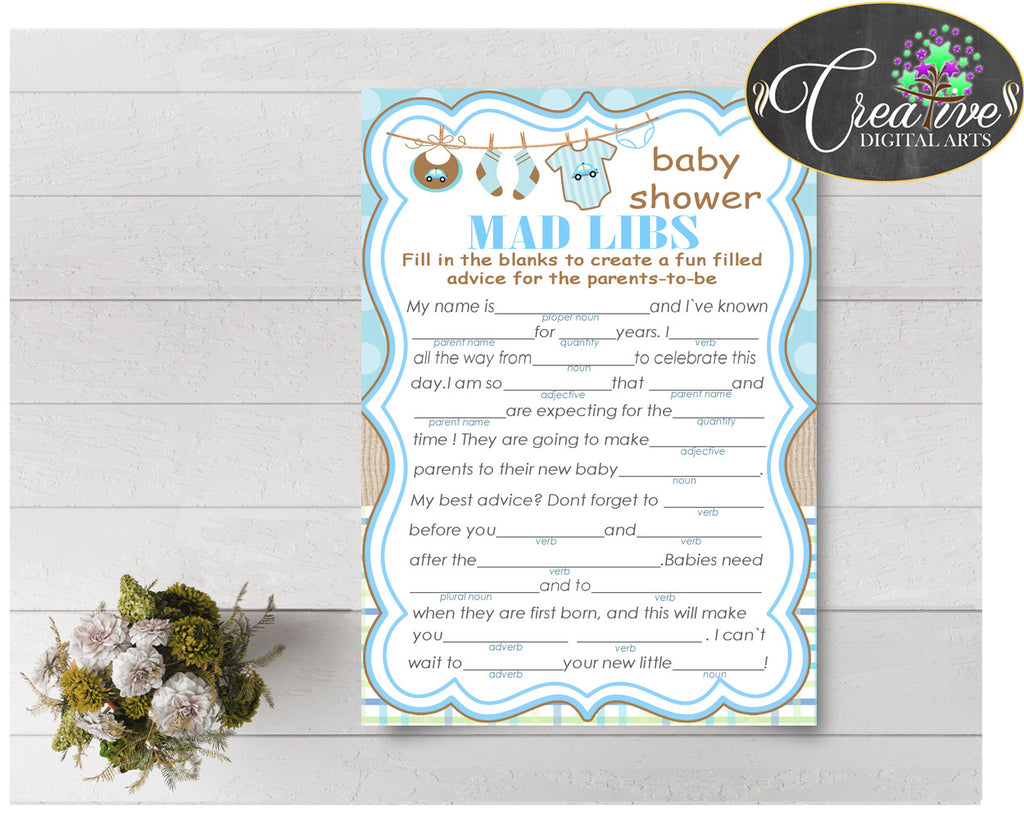 MAD LIBS baby shower game with boy clothes and blue color theme printable, digital Jpg Pdf, instant download - bc001