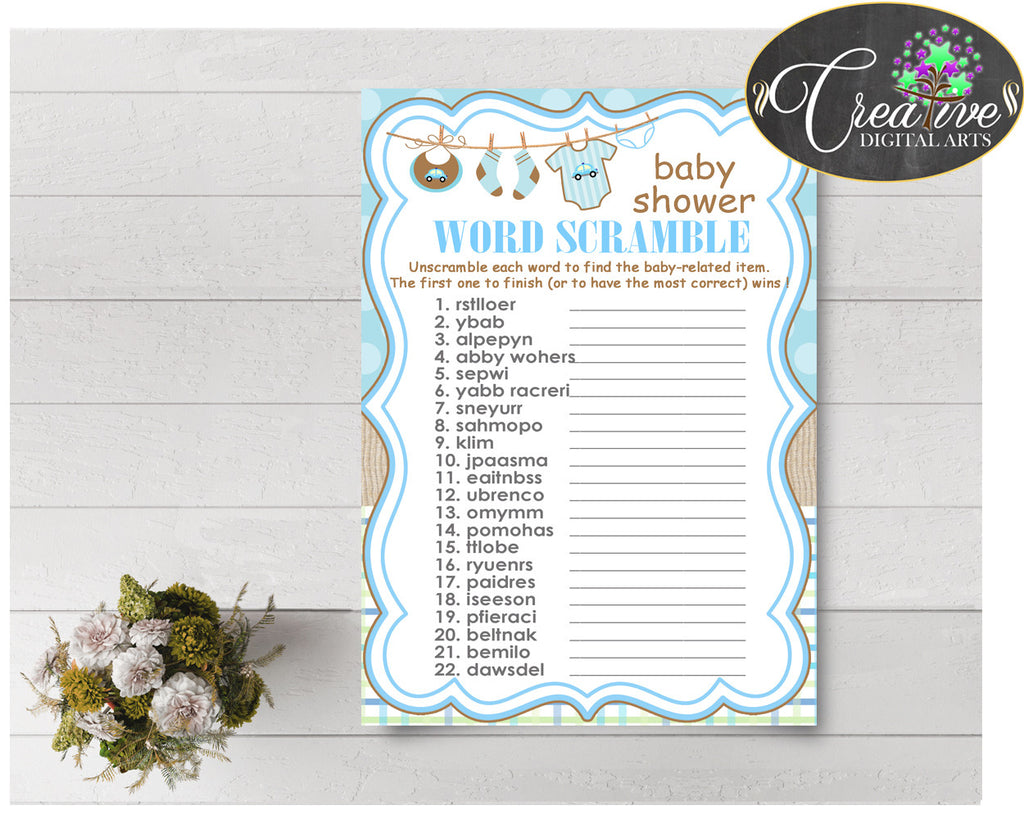 WORD SCRAMBLE baby shower game with boy clothes and blue color theme printable, digital files, jpg pdf, instant download - bc001