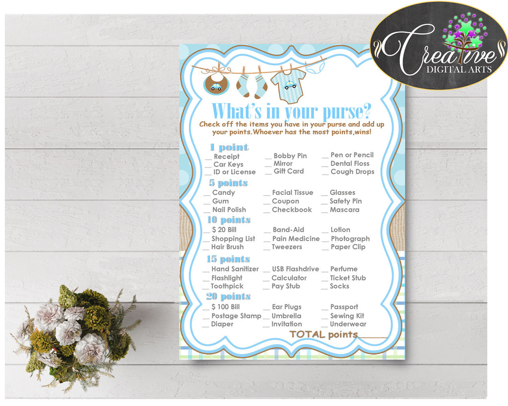 WHAT'S In YOUR PURSE baby shower game with boy clothes and blue color theme printable, digital Jpg Pdf, instant download - bc001