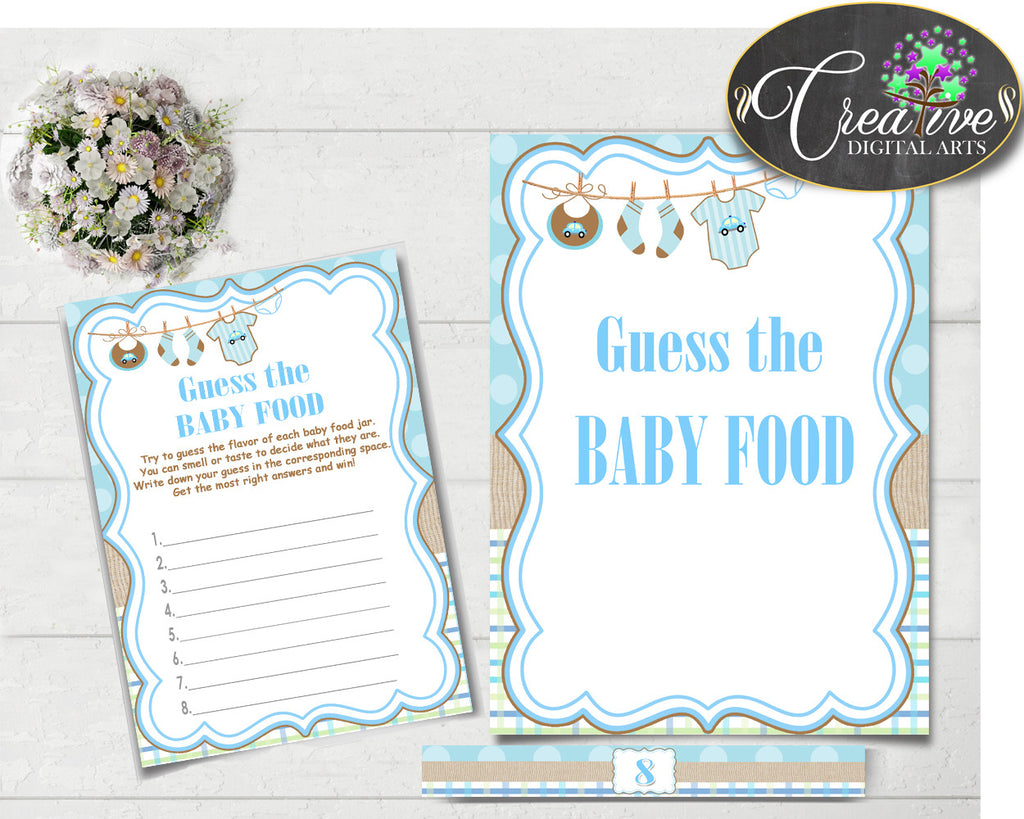 GUESS The BABY FOOD game for baby shower with boy clotheline and blue color theme printable, digital, Jpg Pdf, instant download - bc001