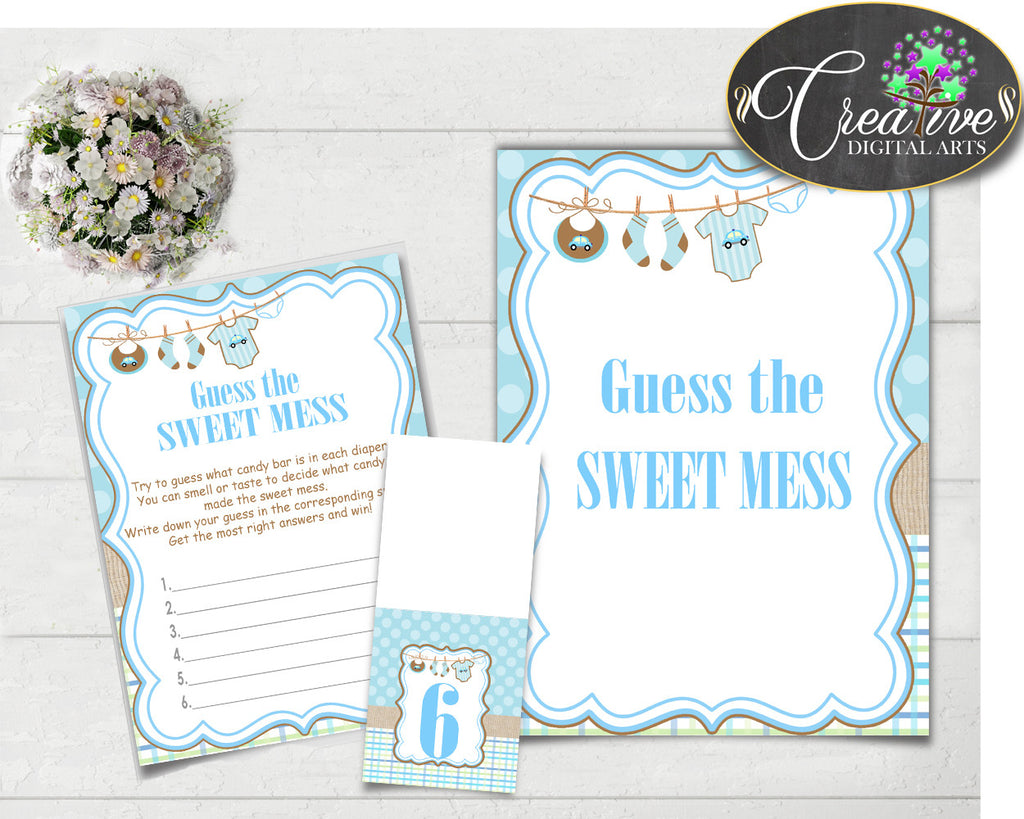 Baby shower GUESS the SWEET MESS game cards tents and sign with boy clothesline and blue color theme, Jpg Pdf, instant download - bc001