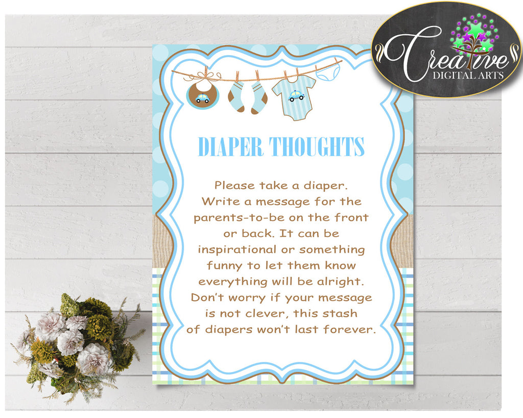 Baby shower DIAPER THOUGHTS game with boy clothes and blue color theme printable, digital file, instant download - bc001