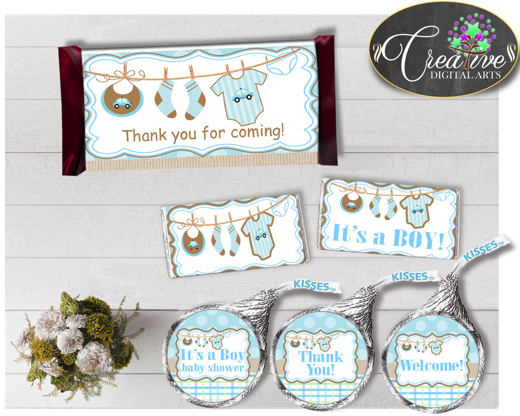 Baby shower CANDY BAR decoration wrappers and labels printable with boy clotheline and blue color theme for boys, instant download - bc001