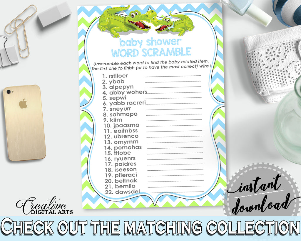 WORD SCRAMBLE baby shower game with green alligator and blue color theme, instant download - ap002