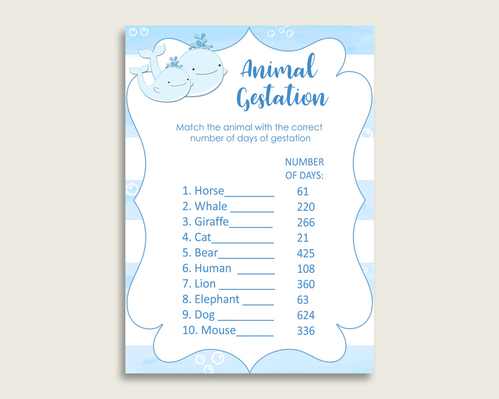 Whale Animal Pregnancy Gestation Game, Blue White Baby Shower Boy Printable Activities, Instant Download, Watercolor Stripes Nautical wbl01