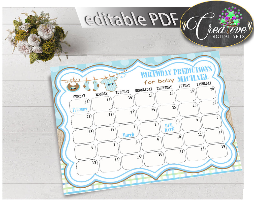 Baby Shower BIRTHDAY PREDICTION editable due date calendar with boy clothesline and blue color theme printable, instant download - bc001