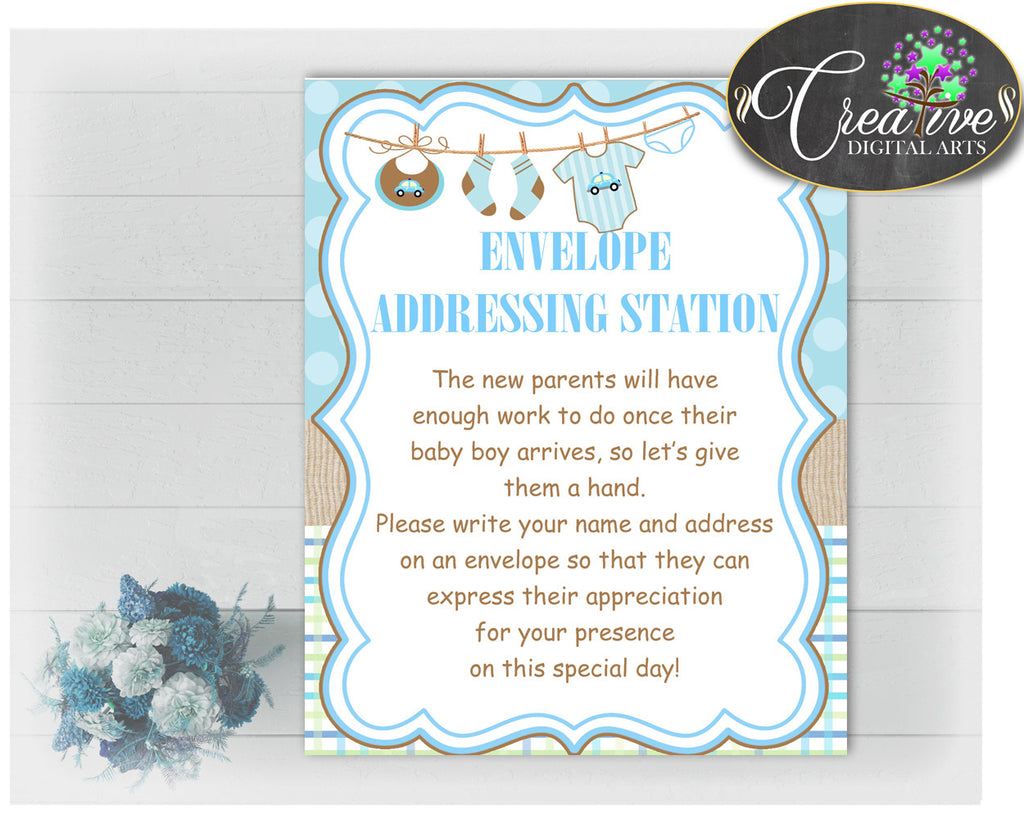 ENVELOPE ADDRESSING STATION baby shower sign with clothesline in blue color theme for baby boy shower, instant download - bc001