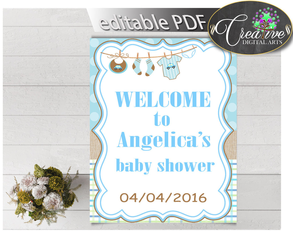 Baby Shower WELCOME sign editable with boy clothes and blue color theme printable, digital files, pdf jpg, instant download - bc001