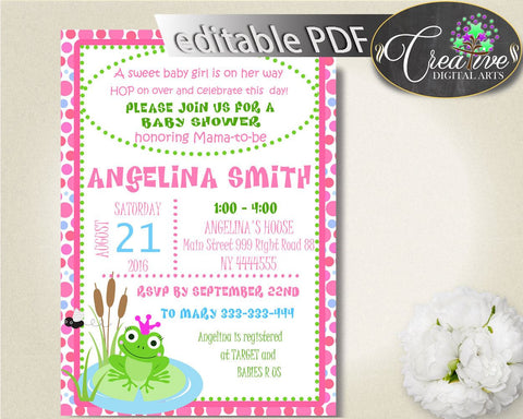 Frog Baby Shower INVITATION editable, baby shower invites, pink dots baby shower invitation printable, instant download - bsf01 - Digital Product