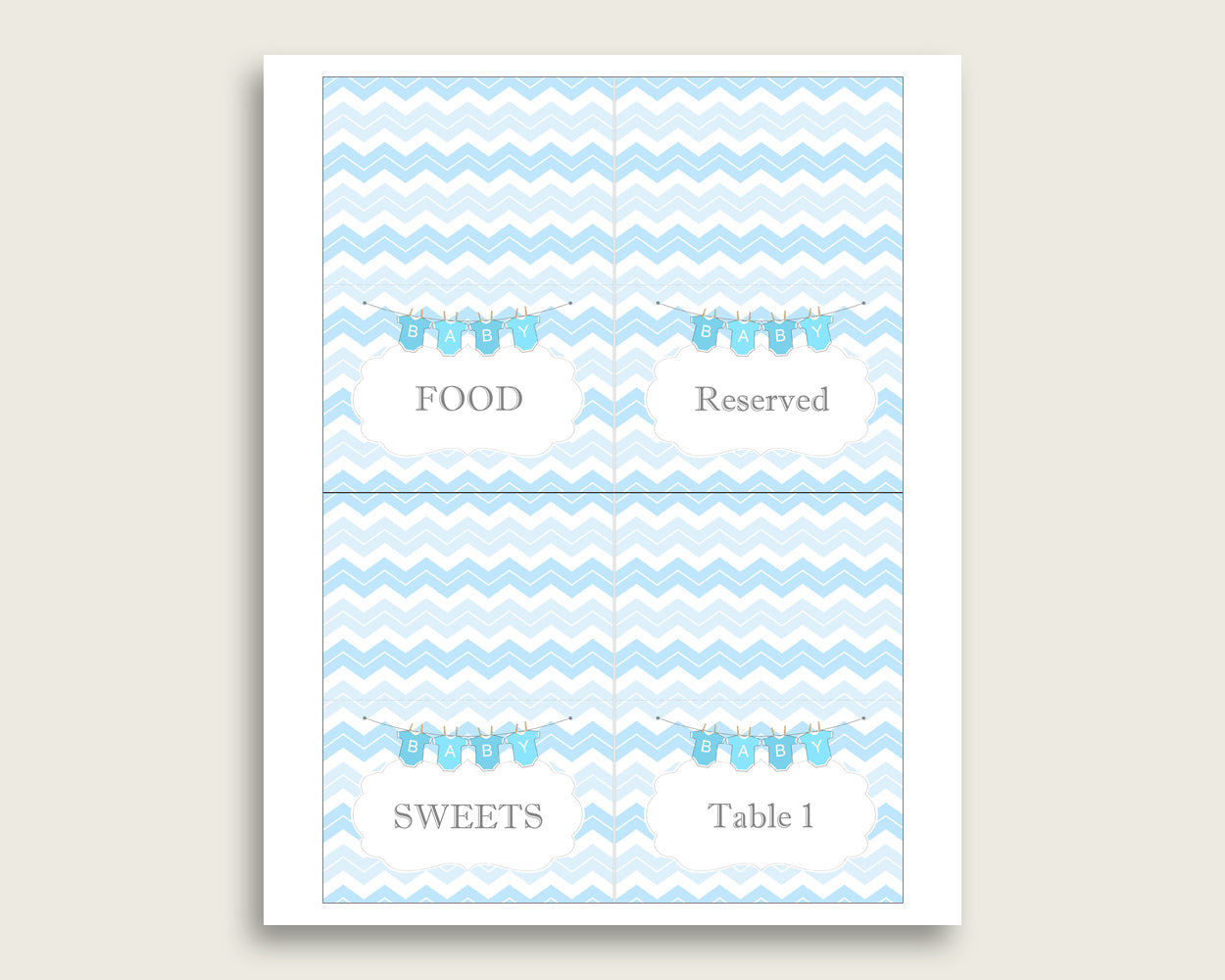 Chevron Folded Food Tent Cards Printable, Blue White Editable Pdf Buffet Labels, Boy Baby Shower Food Place Cards, Instant Download, cbl01