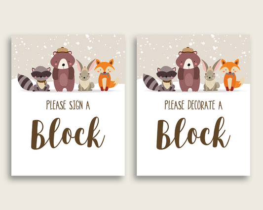 Beige Brown Please Sign A Block Sign and Decorate A Block Sign Printables, Winter Woodland Gender Neutral Baby Shower Decor, Instant RM4SN