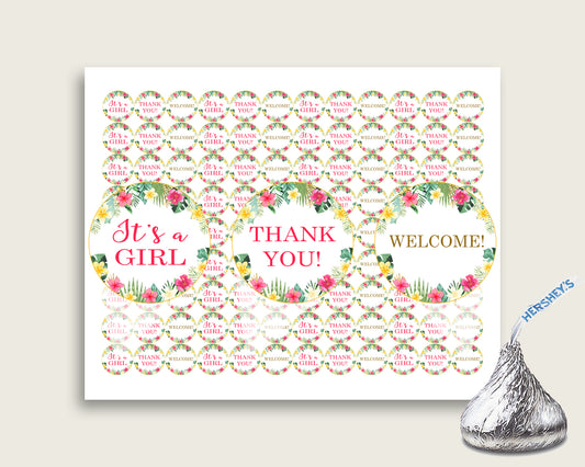 Hawaiian Hershey Kisses Circle Printable, Pink Green Hershey Kisses Labels Round Digital, Girl Baby Shower, Instant Download, 955MG