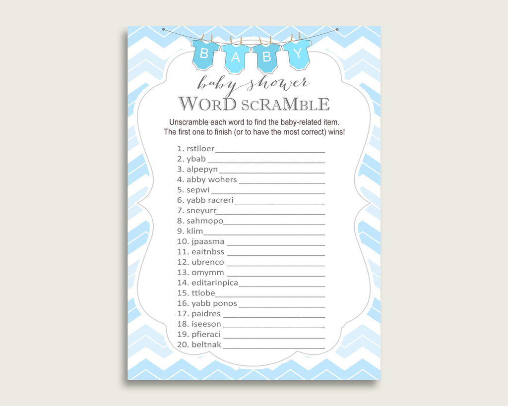 Boy Baby Shower Word Scramble Game Printable, Cute Chevron Blue White Word Scramble, Funny Activity, Instant Download, Stripy Lines cbl01