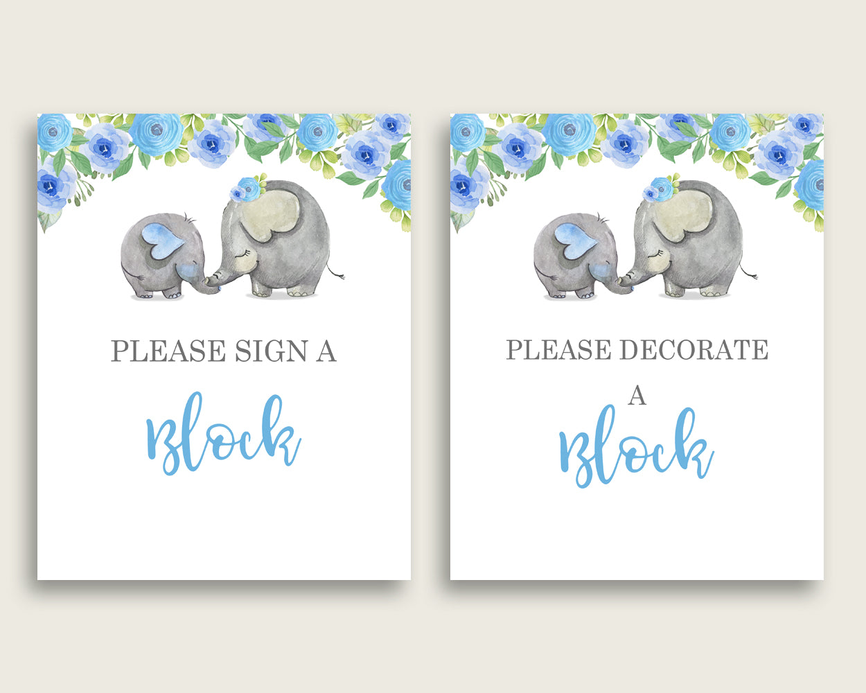 Blue Gray Please Sign A Block Sign and Decoarate A Block Sign Printables, Elephant Blue Boy Baby Shower Decor, Instant Download, ebl01