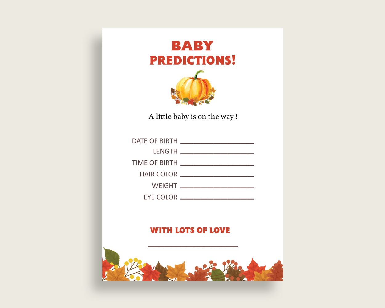 Baby Predictions Baby Shower Baby Predictions Fall Baby Shower Baby Predictions Baby Shower Pumpkin Baby Predictions Orange Brown BPK3D - Digital Product