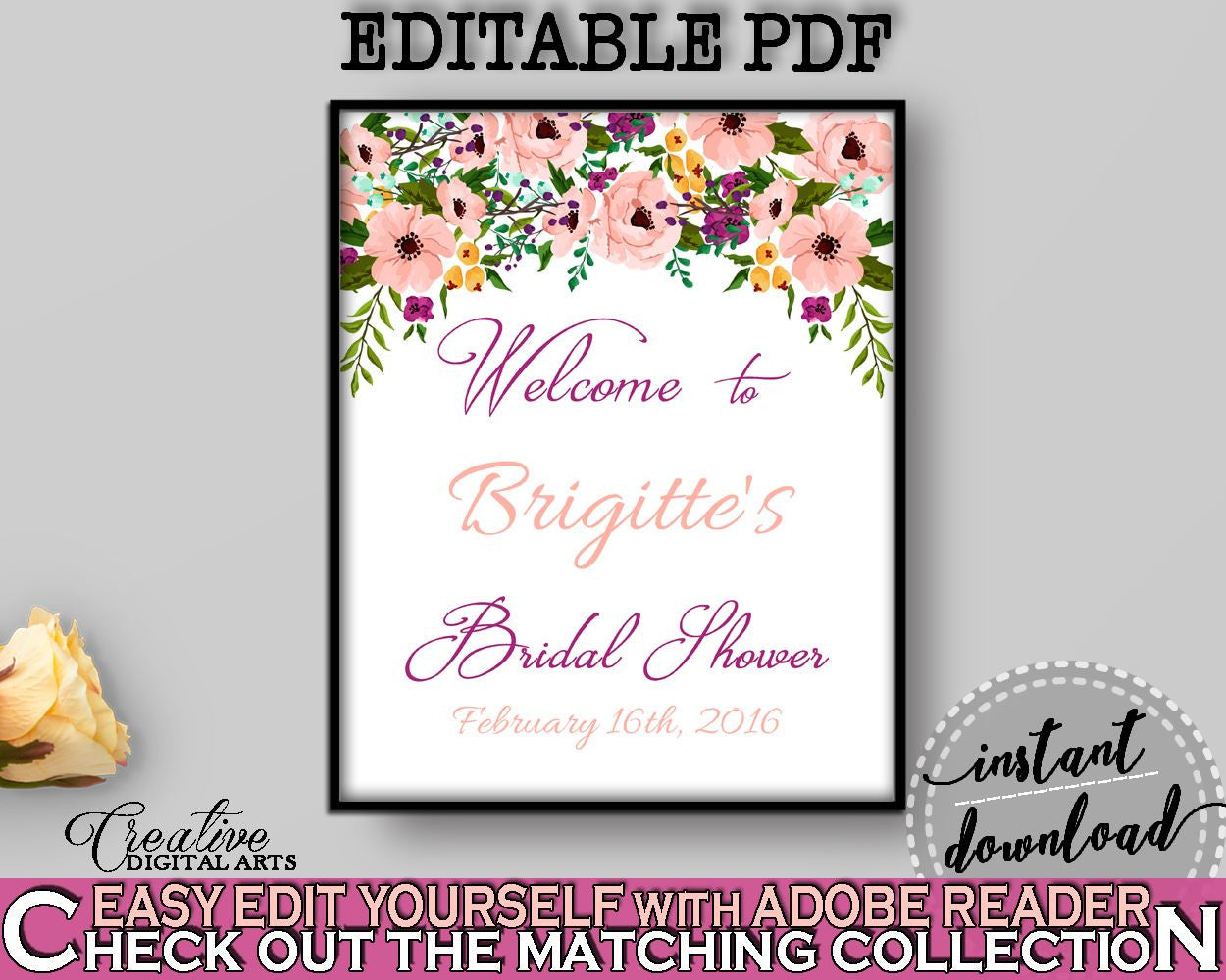 Watercolor Flowers Bridal Shower Bridal Shower Welcome Sign Editable in White And Pink, welcome to shower, digital print, prints - 9GOY4 - Digital Product