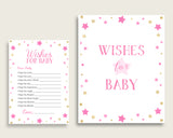Pink Gold Wishes For Baby Cards & Sign, Twinkle Star Baby Shower Girl Well Wishes Game Printable, Instant Download, Most Popular bsg01