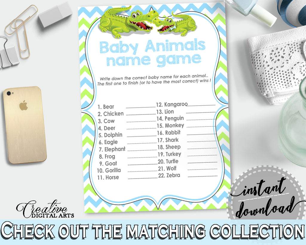 NAME THE BABY ANIMALS baby shower game with green alligator and blue color theme, instant download - ap002