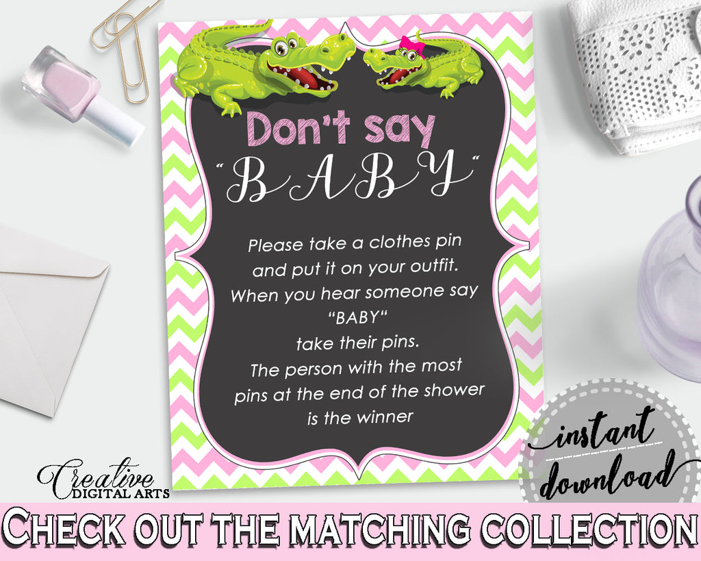 DON'T SAY BABY game for baby shower with green alligator and pink color theme, instant download - ap001