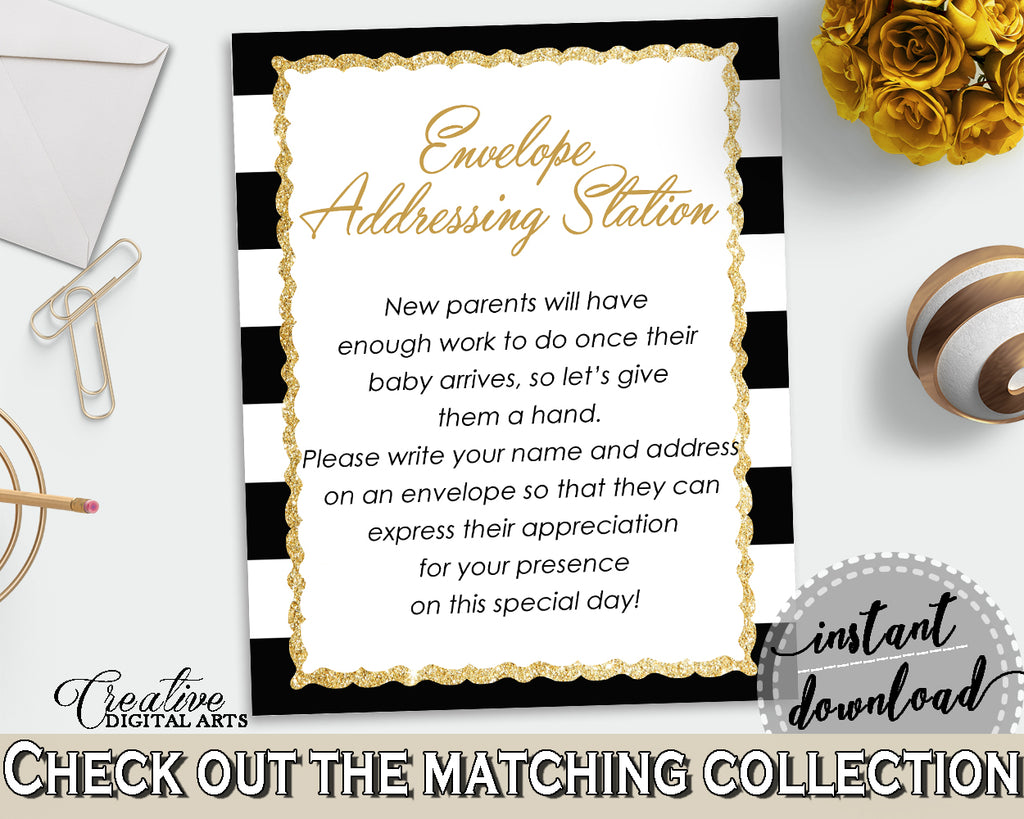 ENVELOPE ADDRESSING STATION baby shower sign with gold glitter title and black white stripes for girl boy shower, instant download - bs001