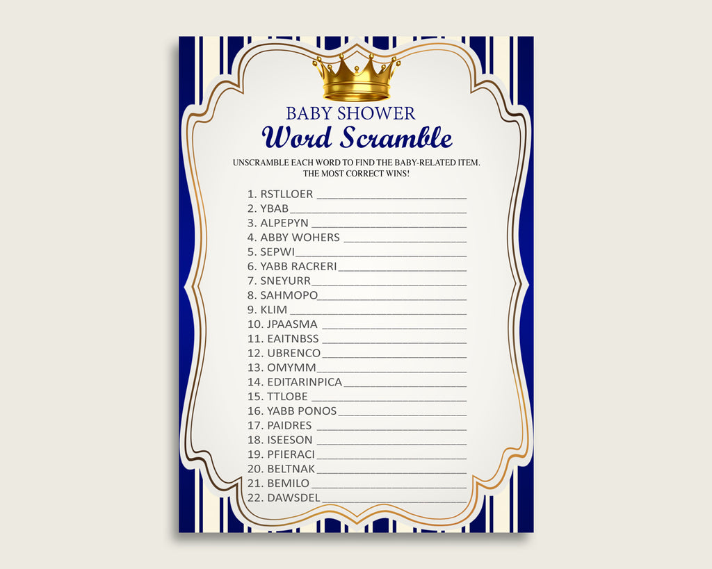 Boy Baby Shower Word Scramble Game Printable, Cute Royal Prince Blue Gold Word Scramble, Funny Activity, Instant Download, King Crown rp001