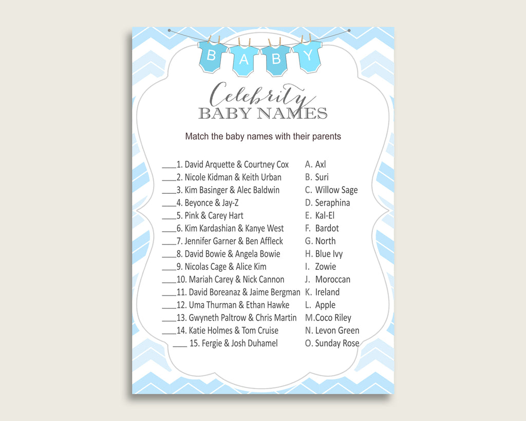 Blue White Celebrity Baby Names, Chevron Baby Shower Boy Name Game Printable, Celebrity Match Game, Famous Babies Game, Celebrity cbl01