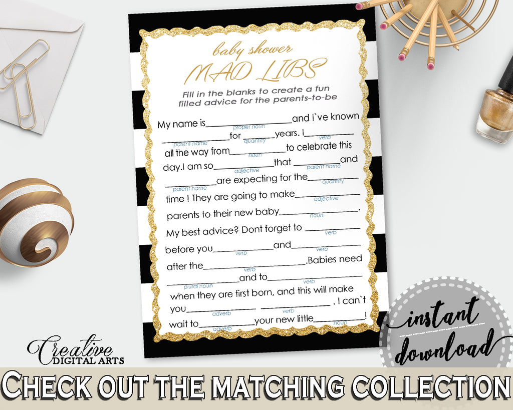 MAD LIBS baby shower game with black white stripes theme printable, gold glitter digital Jpg Pdf, instant download - bs001