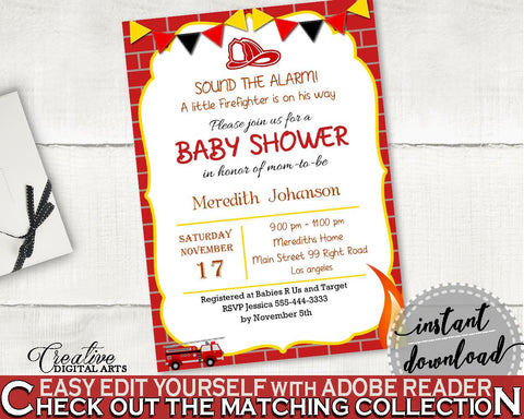 Invitation Baby Shower Invitation Fireman Baby Shower Invitation Red Yellow Baby Shower Fireman Invitation digital print, prints, pdf LUWX6 - Digital Product