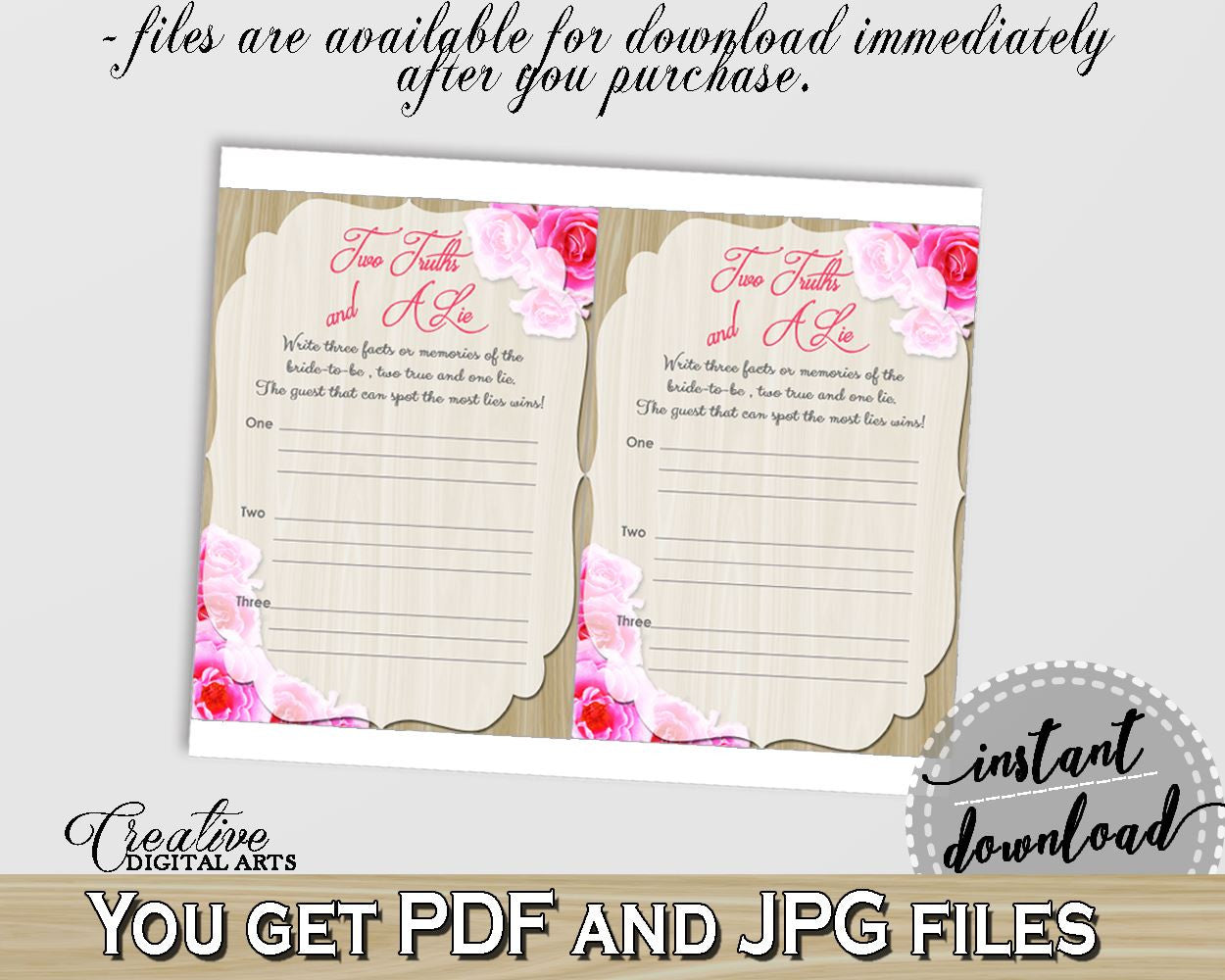 Two Truths And A Lie Game in Roses On Wood Bridal Shower Pink And Beige Theme, untruth game, modern wood shower, printables, pdf jpg - B9MAI - Digital Product