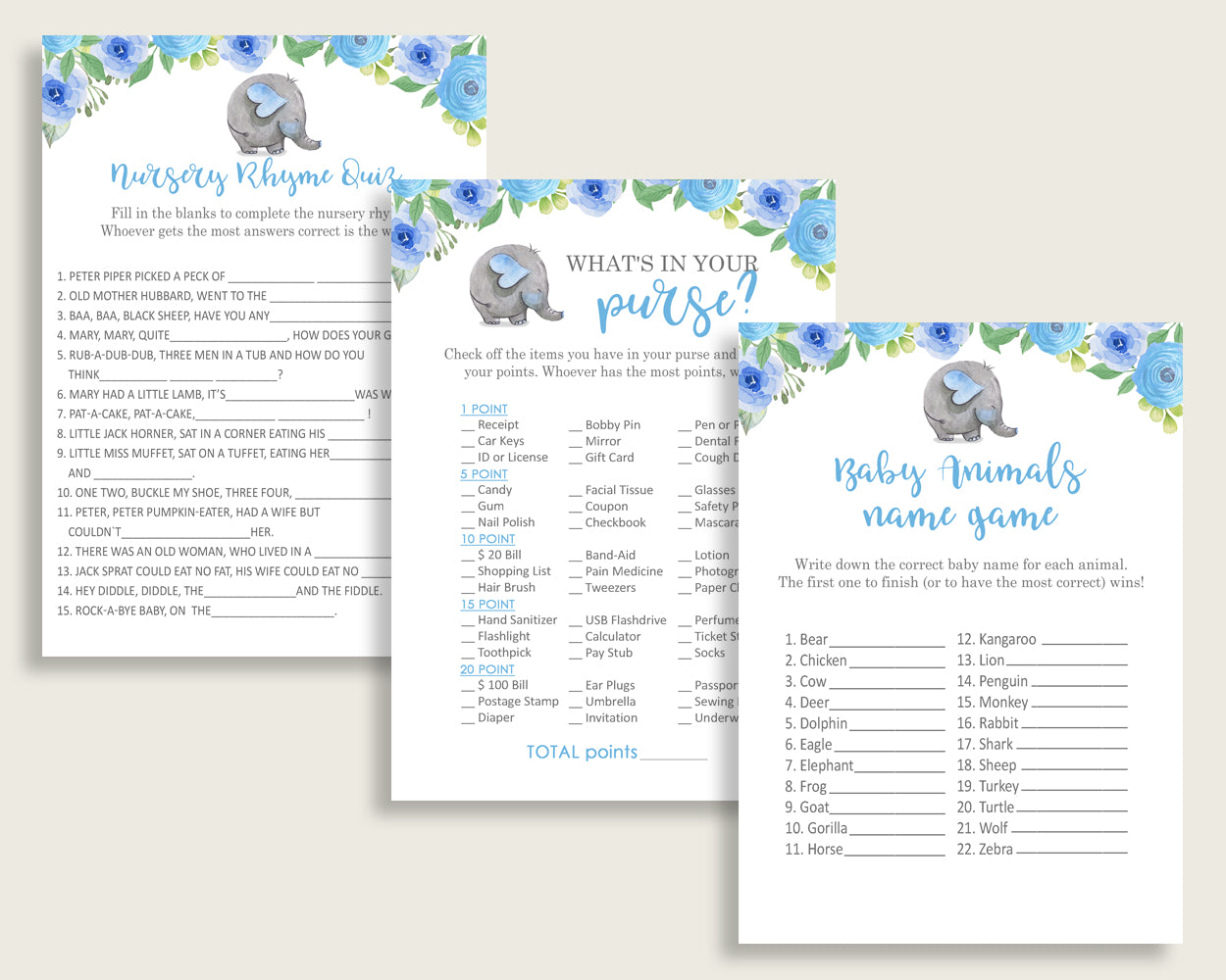 Elephant Blue Baby Shower Games Printable Pack, Blue Gray Baby Shower Games Package Boy, Elephant Blue Games Bundle Set, Instant ebl01