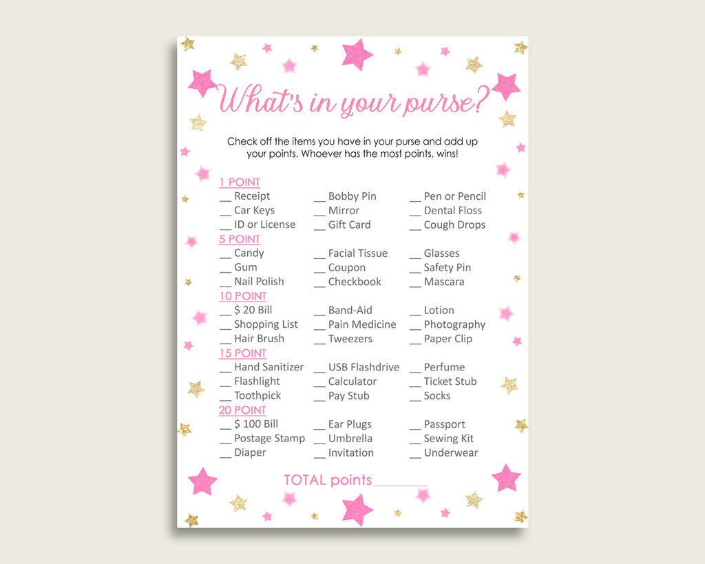 Twinkle Star What's In Your Purse Game Printable, Pink Gold Whats In Your Purse, Girl Baby Shower Purse Game, Instant Download, bsg01