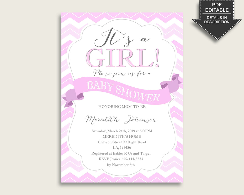 Chevron Baby Shower Invitations Printable, Digital Or Printed Invitation Baby Shower Girl, Editable Invitation Pink White Popular cp001